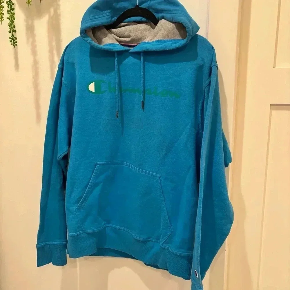 Champion Blue Hoodie with Green Logo Grey Lined Hood Size Medium